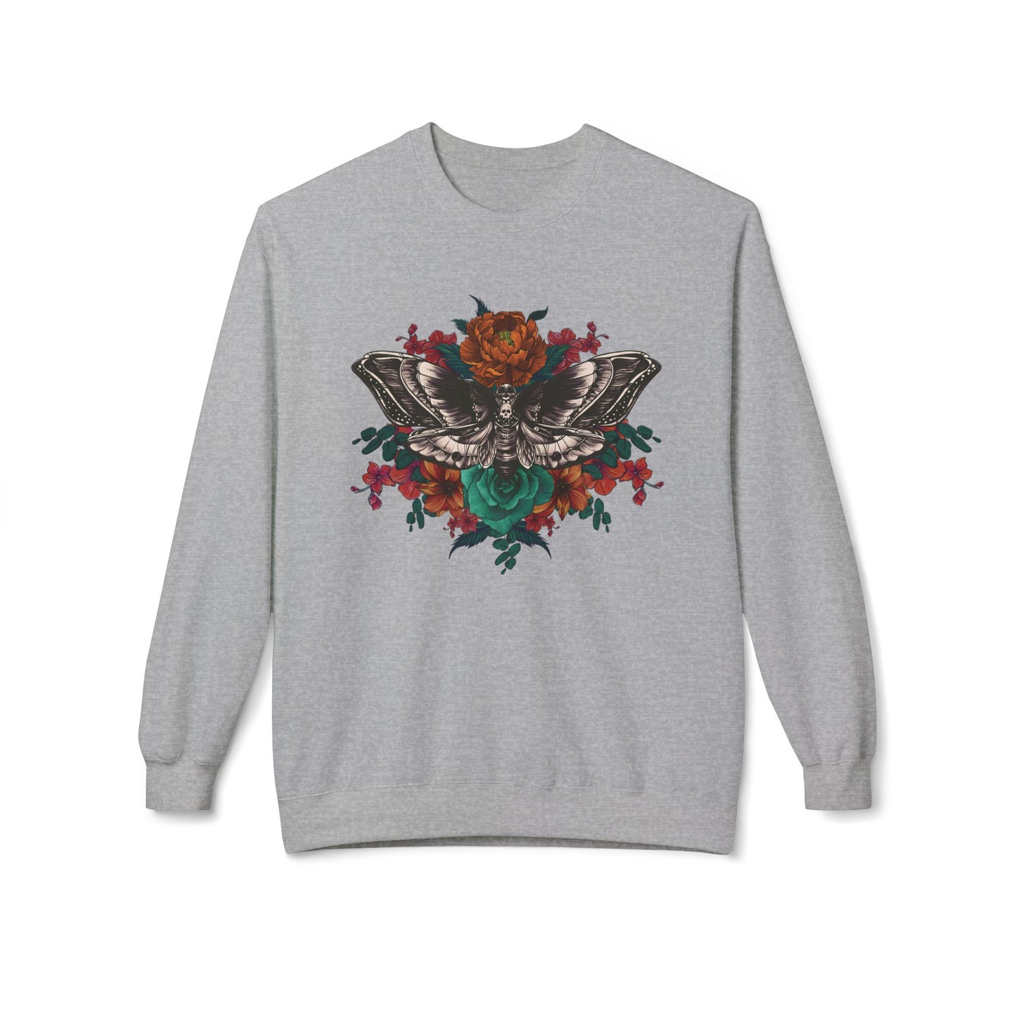 Moth and Flowers Tattoo Sweatshirt, Bright Red and Orange Flowers