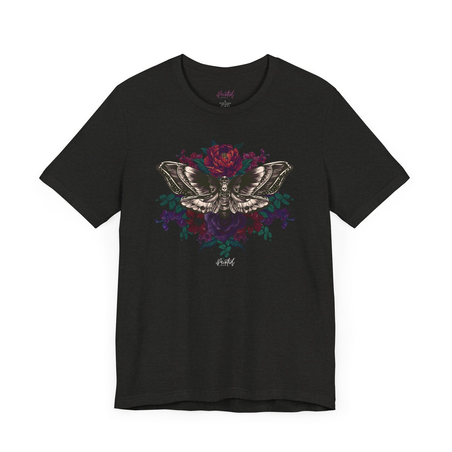 Deaths Head Moth Tattoo Style Floral Tshirt, Burgundy and Red