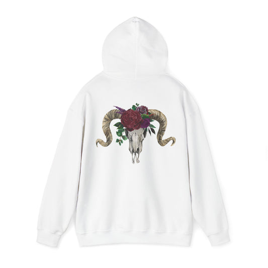 Ram Skull Back Hoodie, Burgundy Flowers