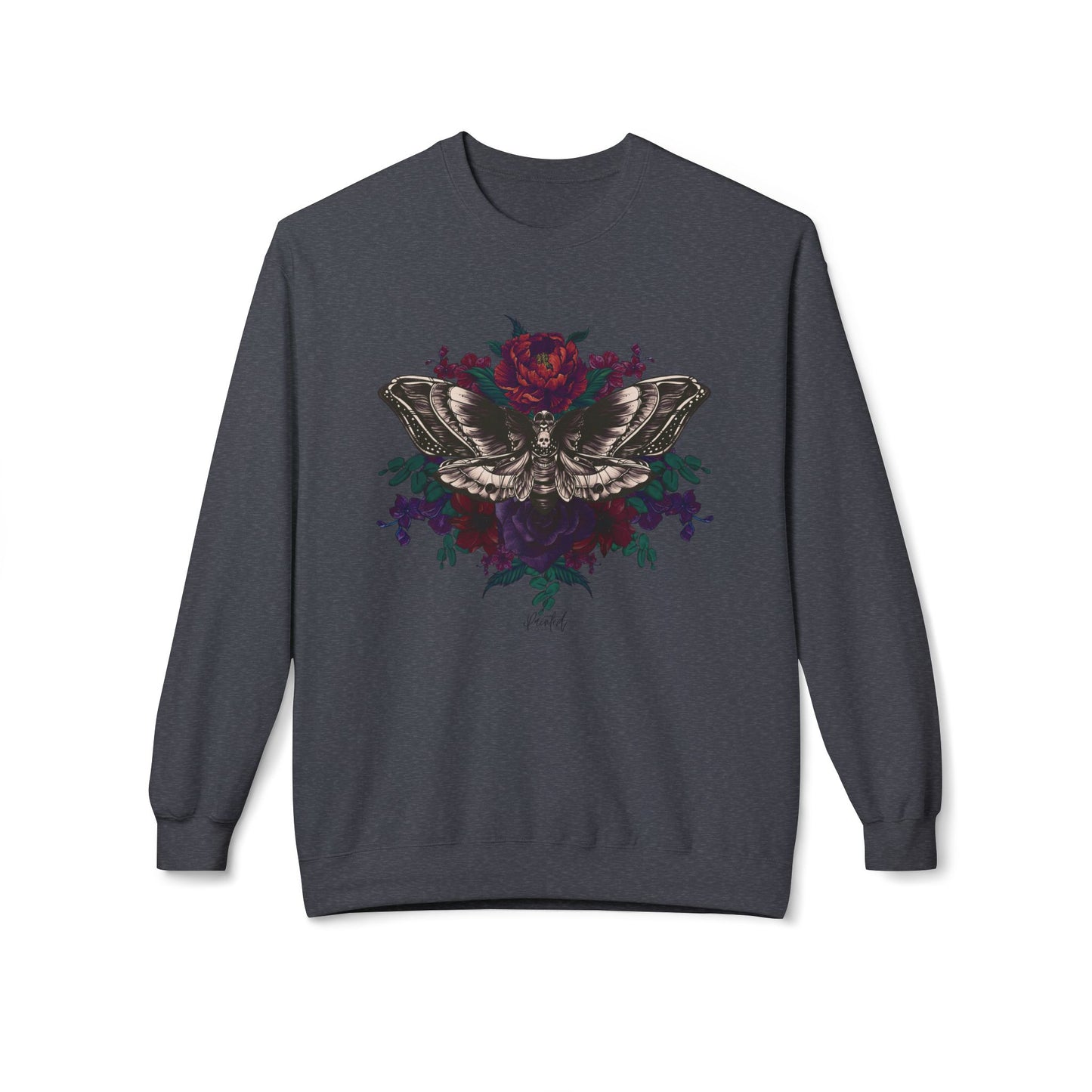 Moth and Flowers Tattoo Sweatshirt, Deep Red and Burgundy Flowers