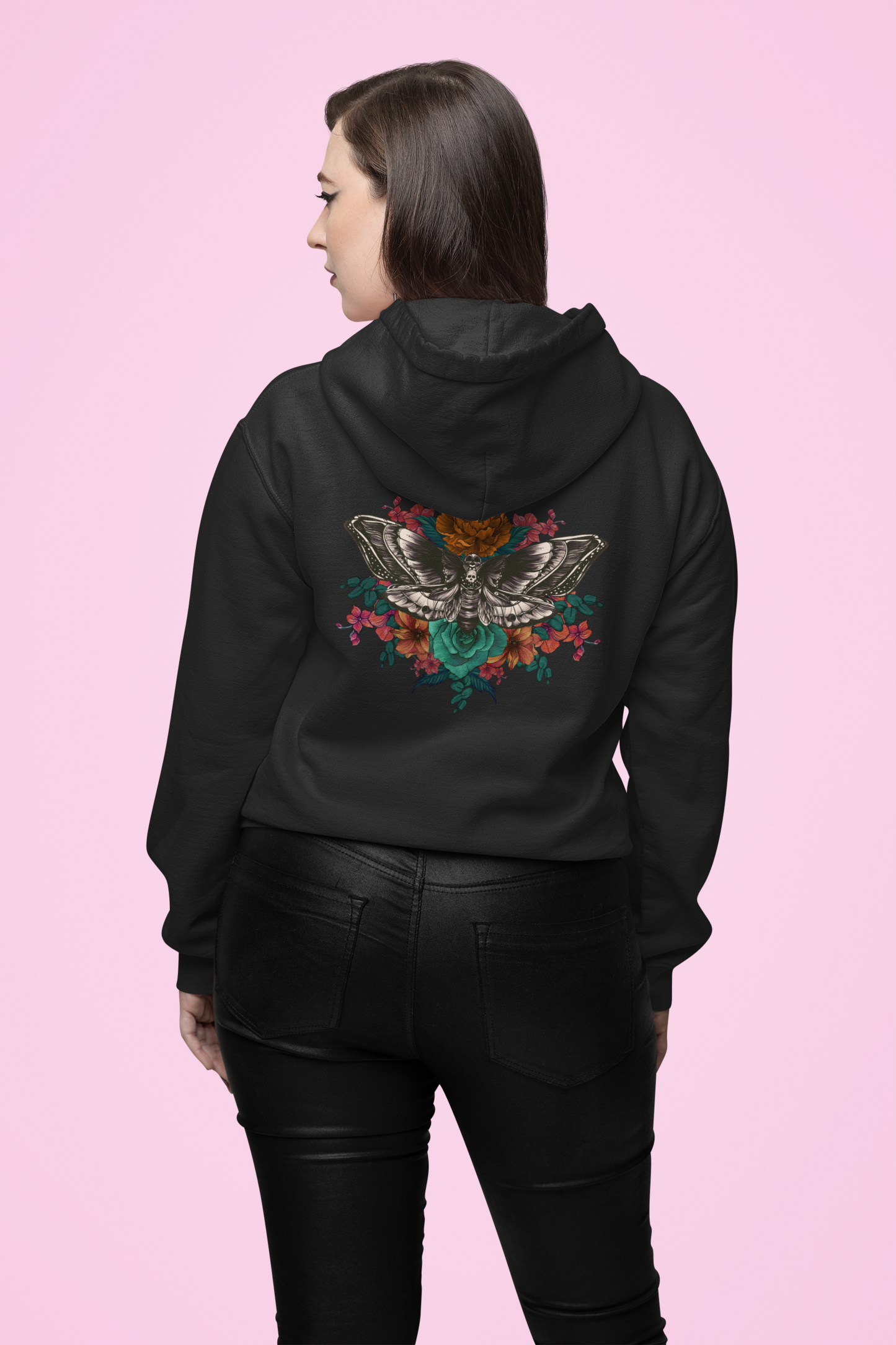 Tattoo Style Deaths Head Moth and Flowers Hoodie, Reds and Oranges