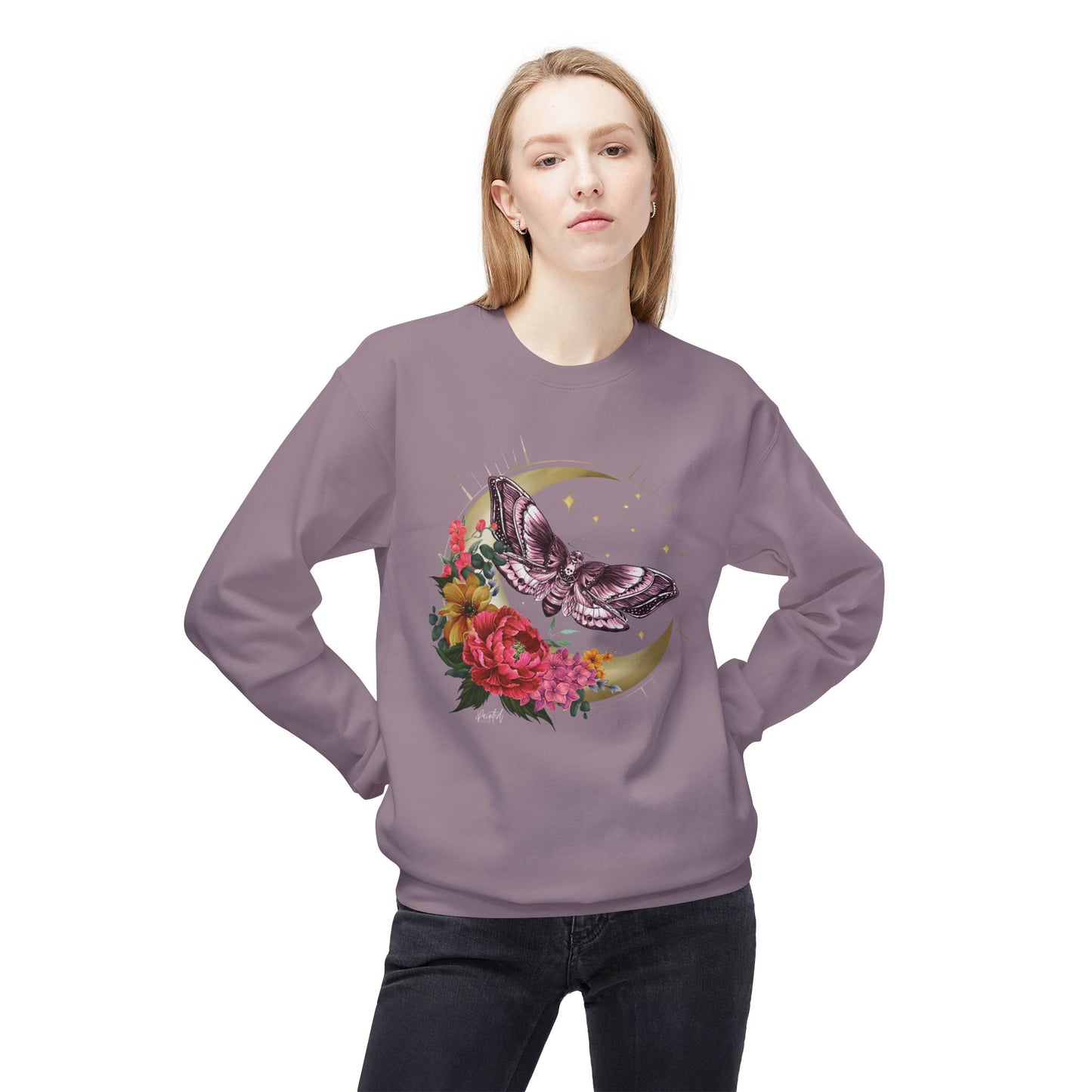 Witchy Vibes Celestial Moth and Flowers Sweatshirt - Painted Love Customs