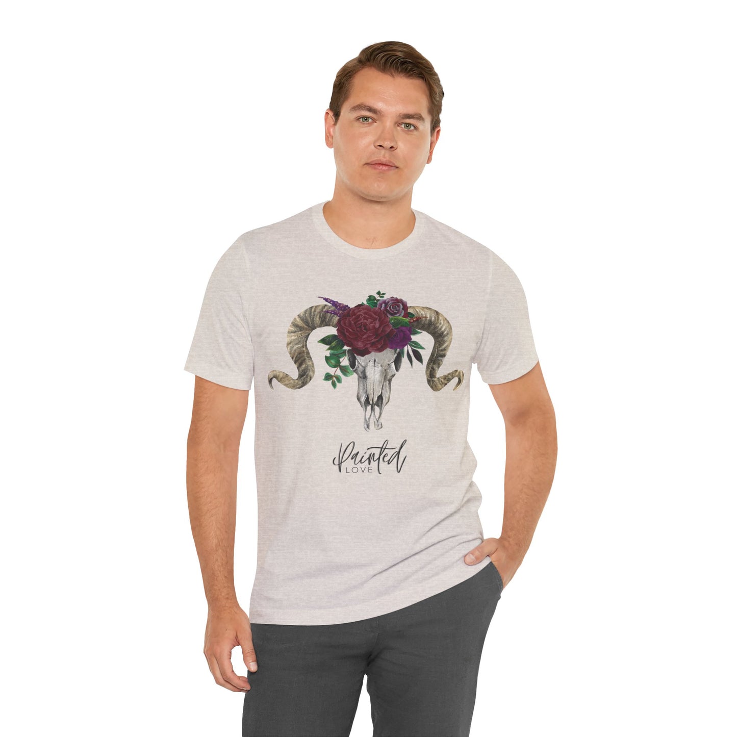 Ram Skull and flowers Unisex Tee, Burgundy Flowers