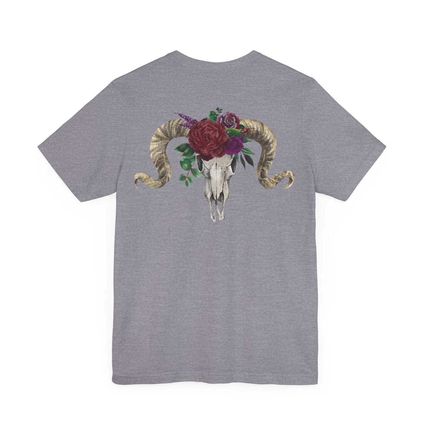 Ram Skull Back Design Unisex Tee, Burgundy Flowers.