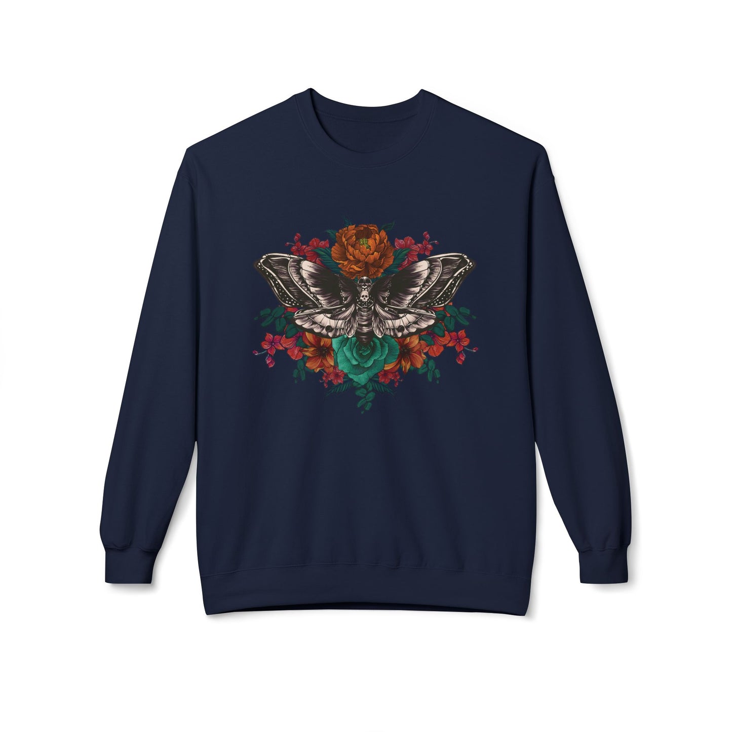 Moth and Flowers Tattoo Sweatshirt, Bright Red and Orange Flowers