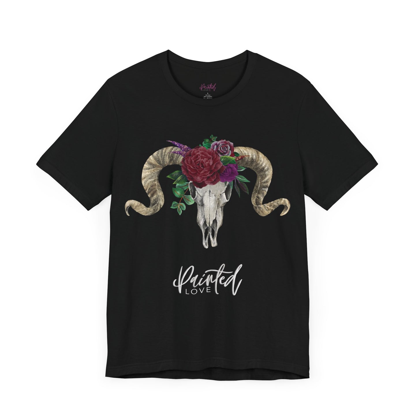 Ram Skull and flowers Unisex Tee, Burgundy Flowers