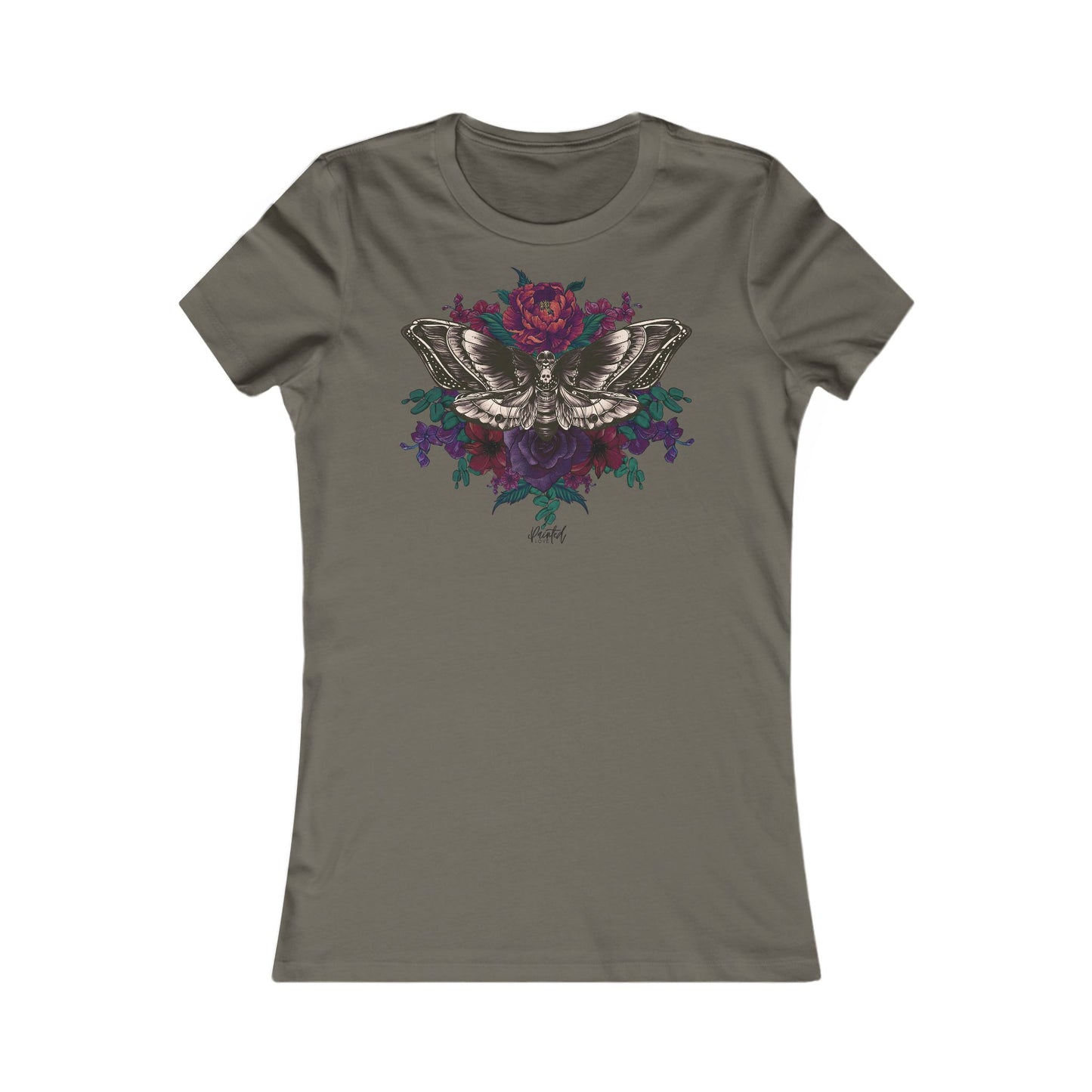 Women's Fitted Tee, Deaths Head Moth and Flowers