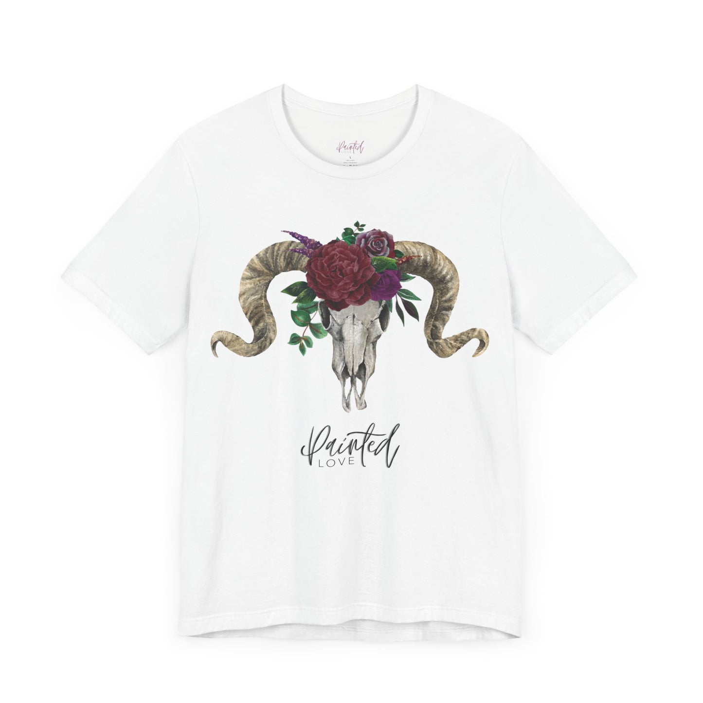 Ram Skull and flowers Unisex Tee, Burgundy Flowers