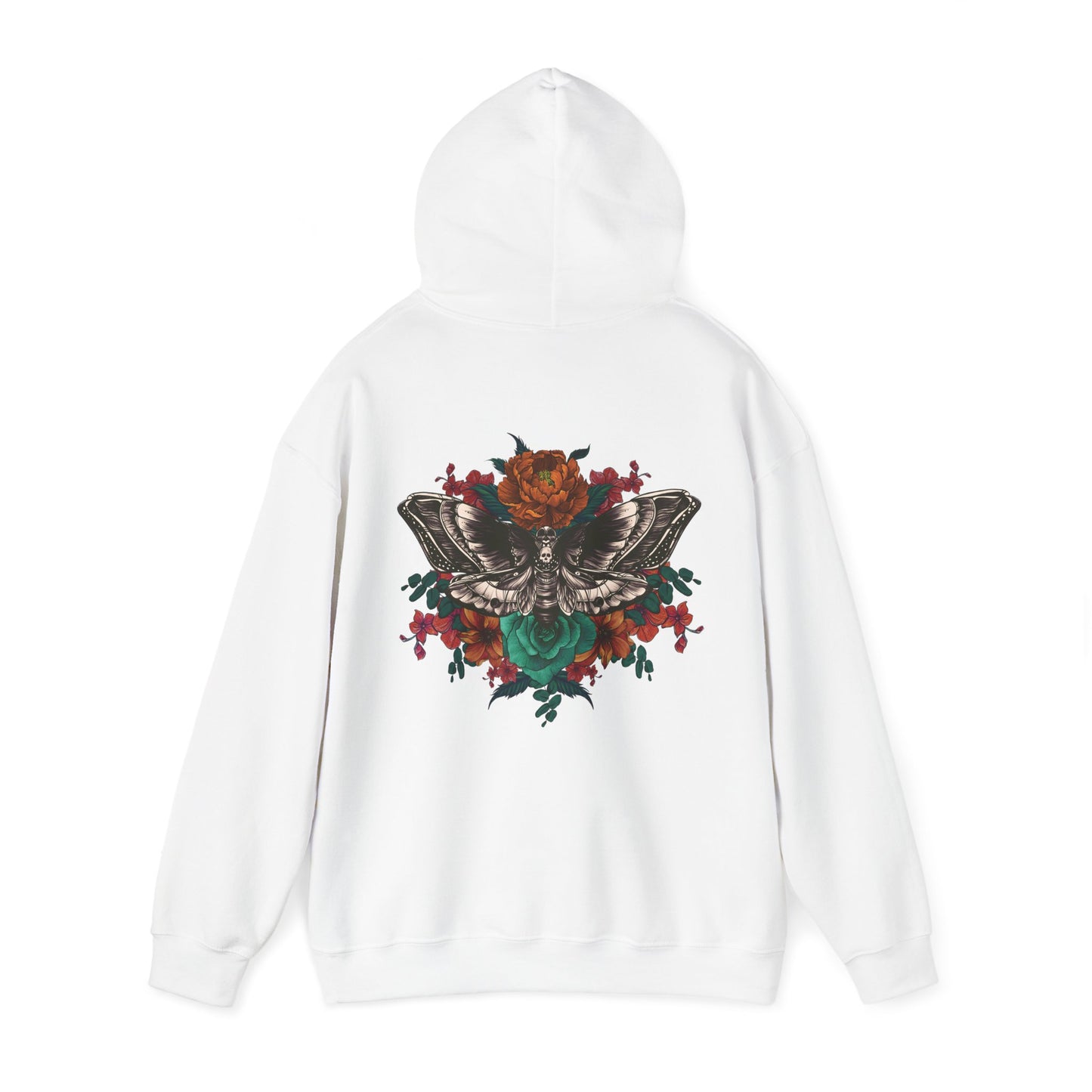 Tattoo Style Deaths Head Moth and Flowers Hoodie, Reds and Oranges