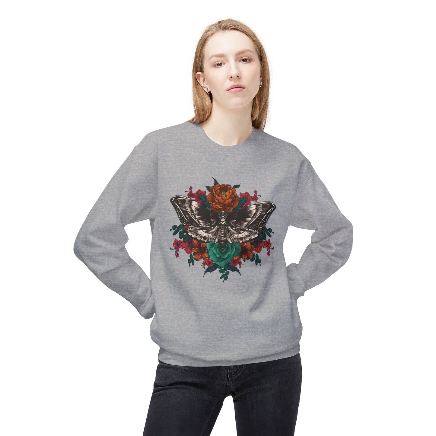 Moth and Flowers Tattoo Sweatshirt, Bright Red and Orange Flowers