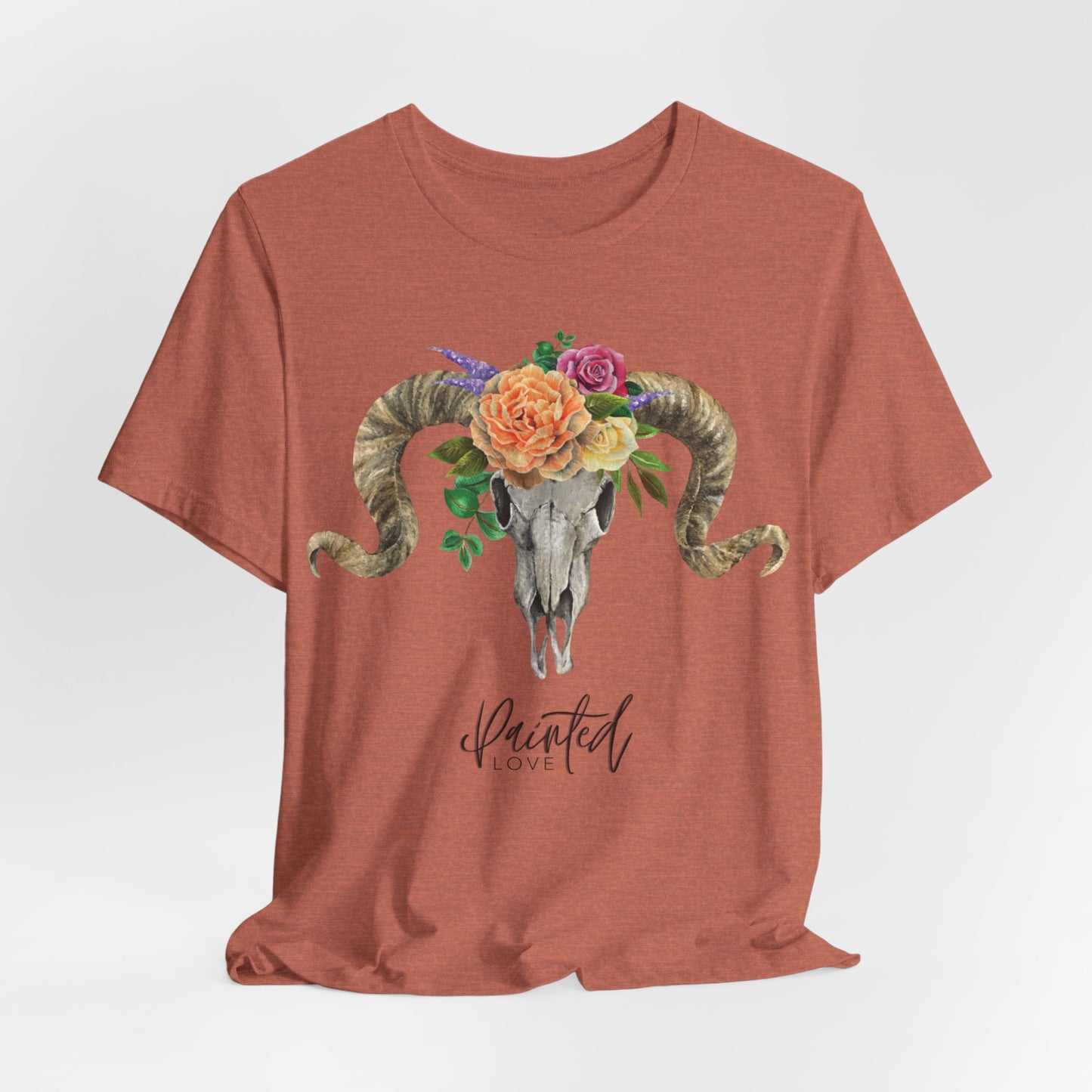 Ram Skull and flowers Unisex Tee, Peach Flowers