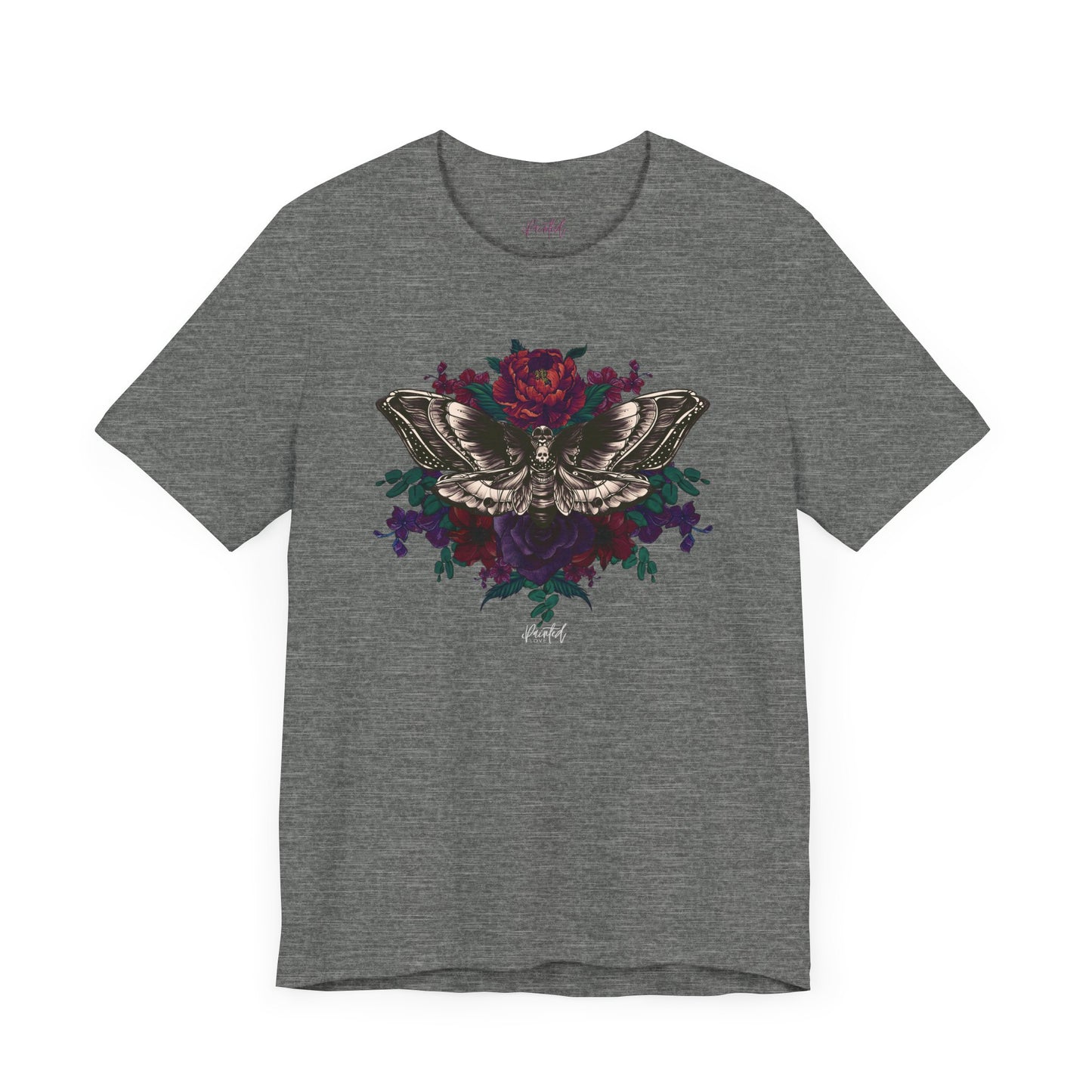 Deaths Head Moth Tattoo Style Floral Tshirt, Burgundy and Red