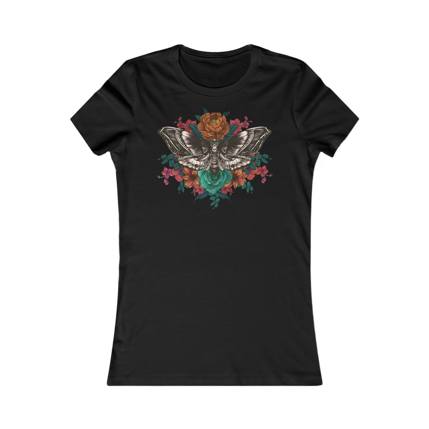 Women's Fitted Tee, Deaths Head Moth and Flowers