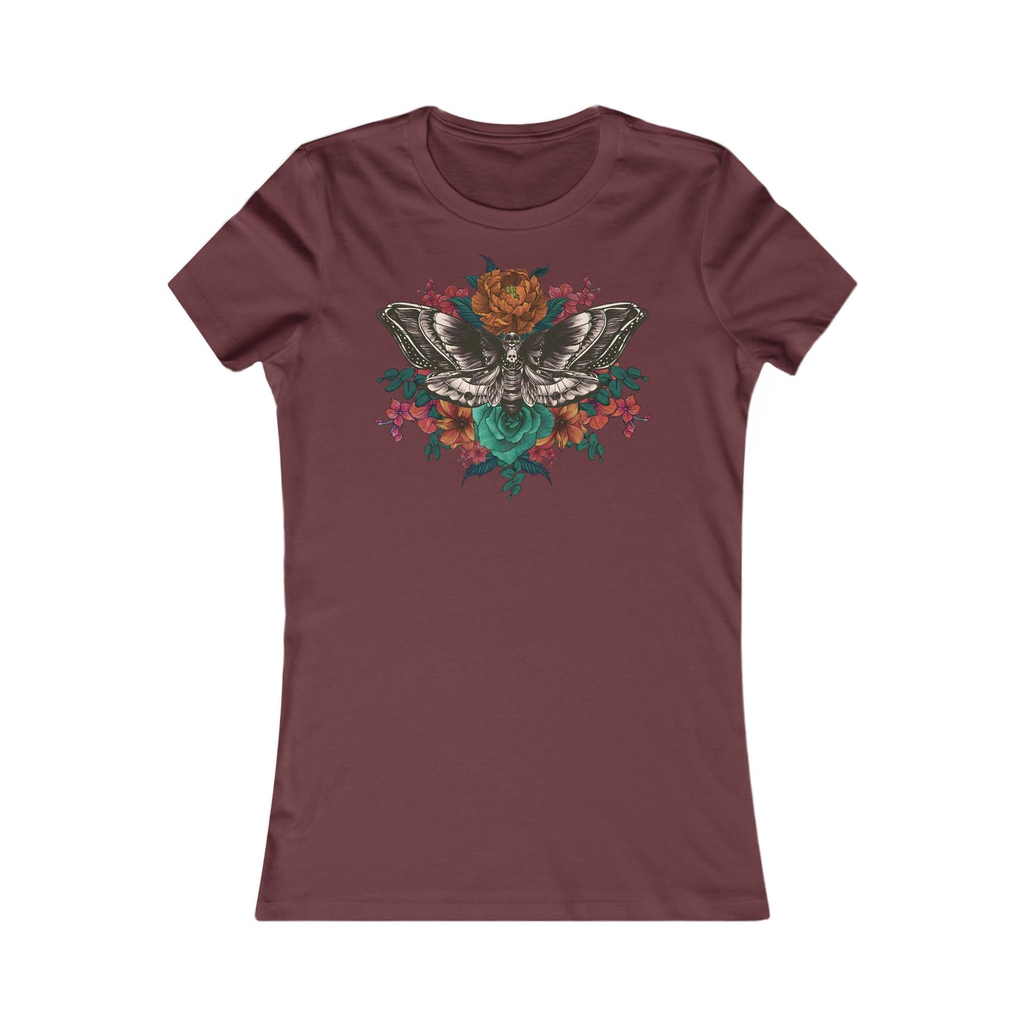 Women's Fitted Tee, Deaths Head Moth and Flowers