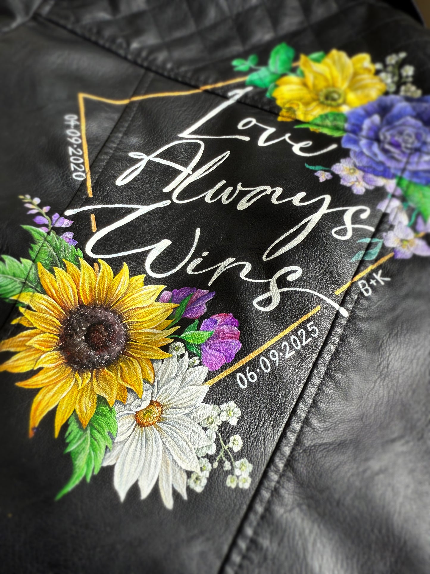 Hand Painted Leather Jacket. Floral Geometric Design. Leather Jacket Painting Service