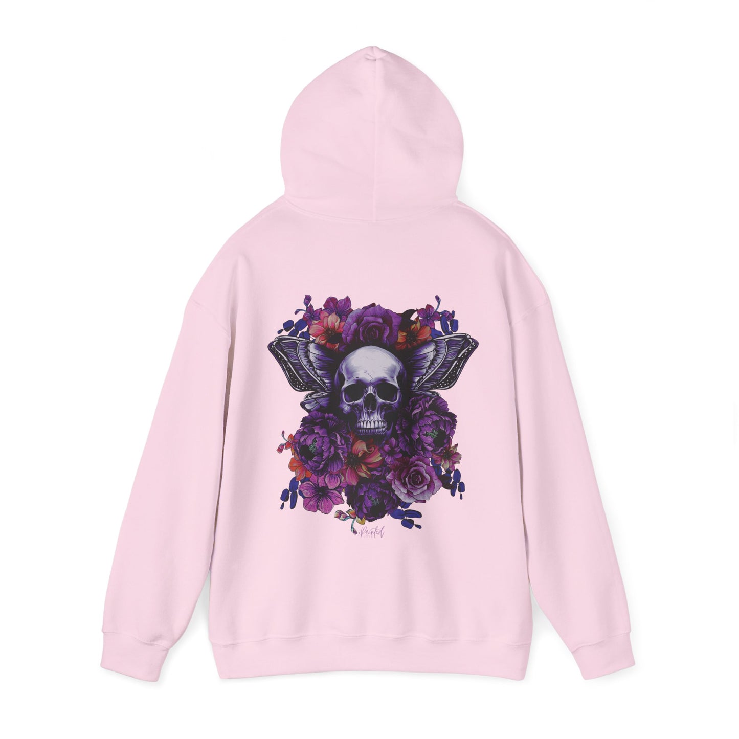 Unisex Hoodie with Skull, Moth Wings, and Tattoo Style Flowers, Painted Love Customs Logo, Neon Flowers