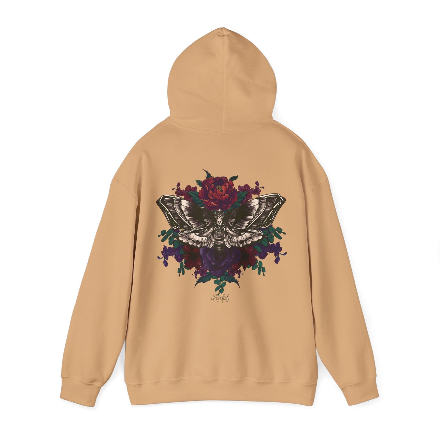 Tattoo Style Deaths Head Moth and Flowers Hoodie, Deep Purple and Burgundy