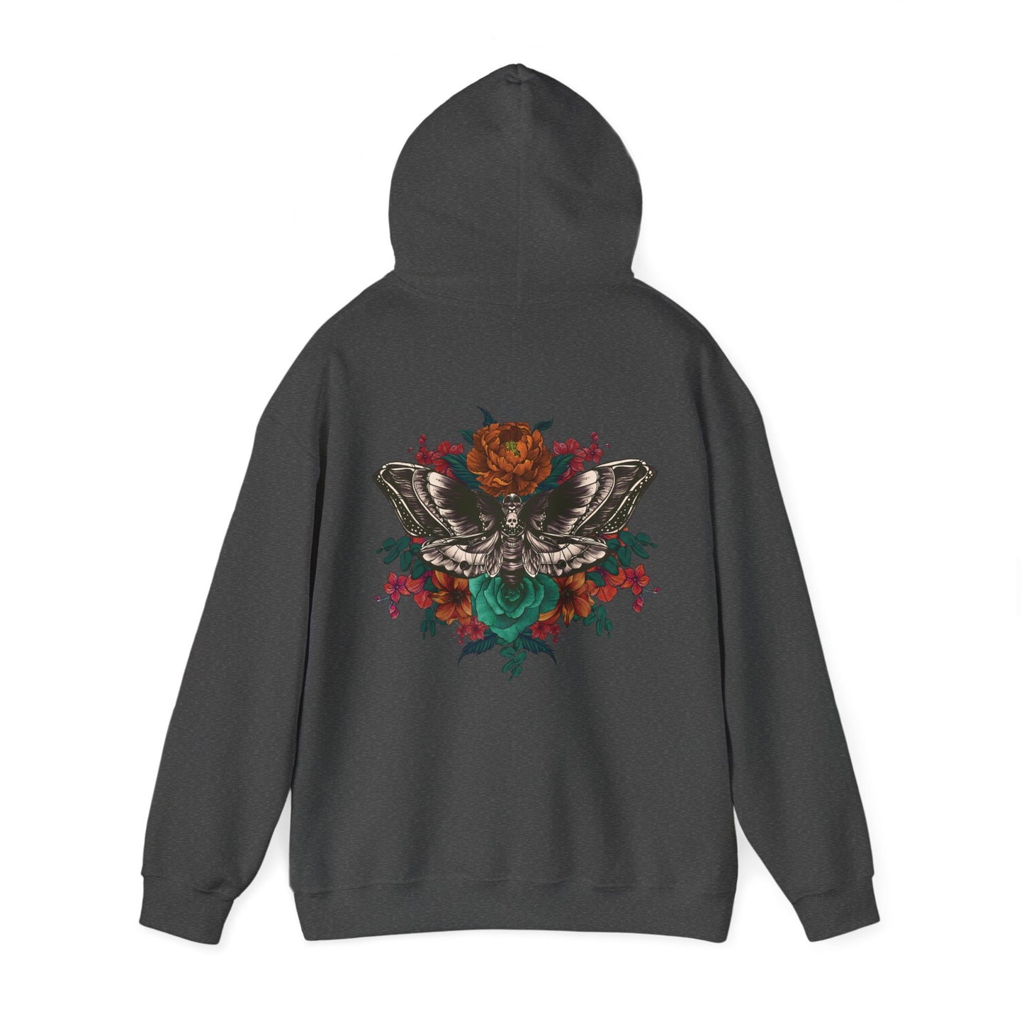 Tattoo Style Deaths Head Moth and Flowers Hoodie, Reds and Oranges