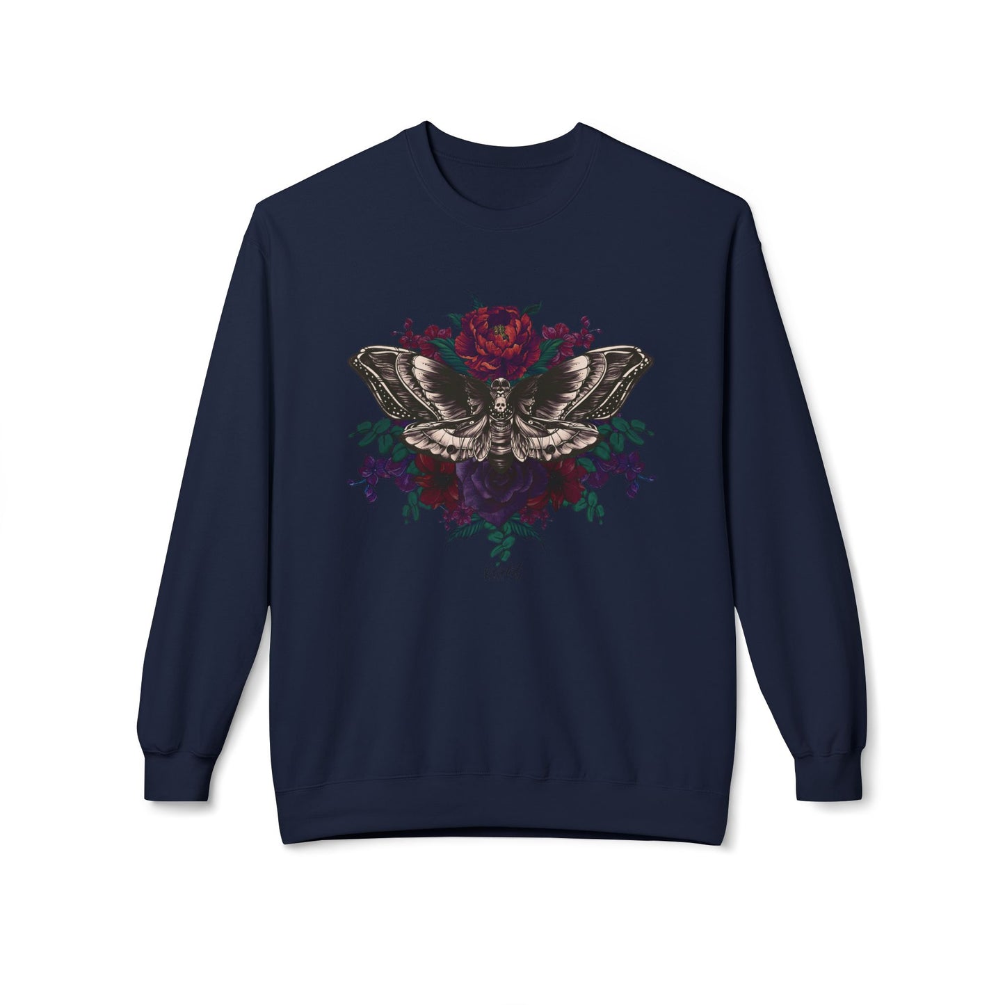 Moth and Flowers Tattoo Sweatshirt, Deep Red and Burgundy Flowers