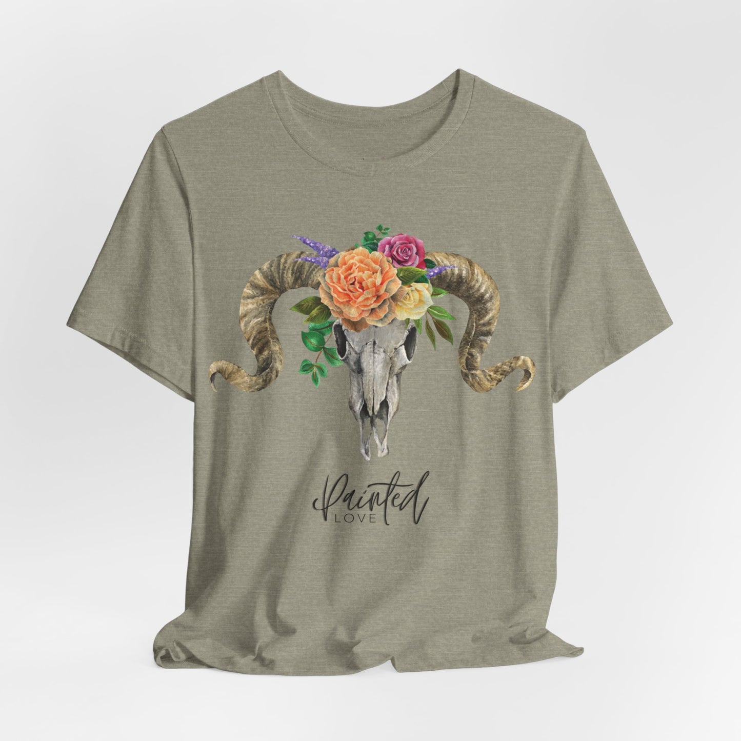 Ram Skull and flowers Unisex Tee, Peach Flowers