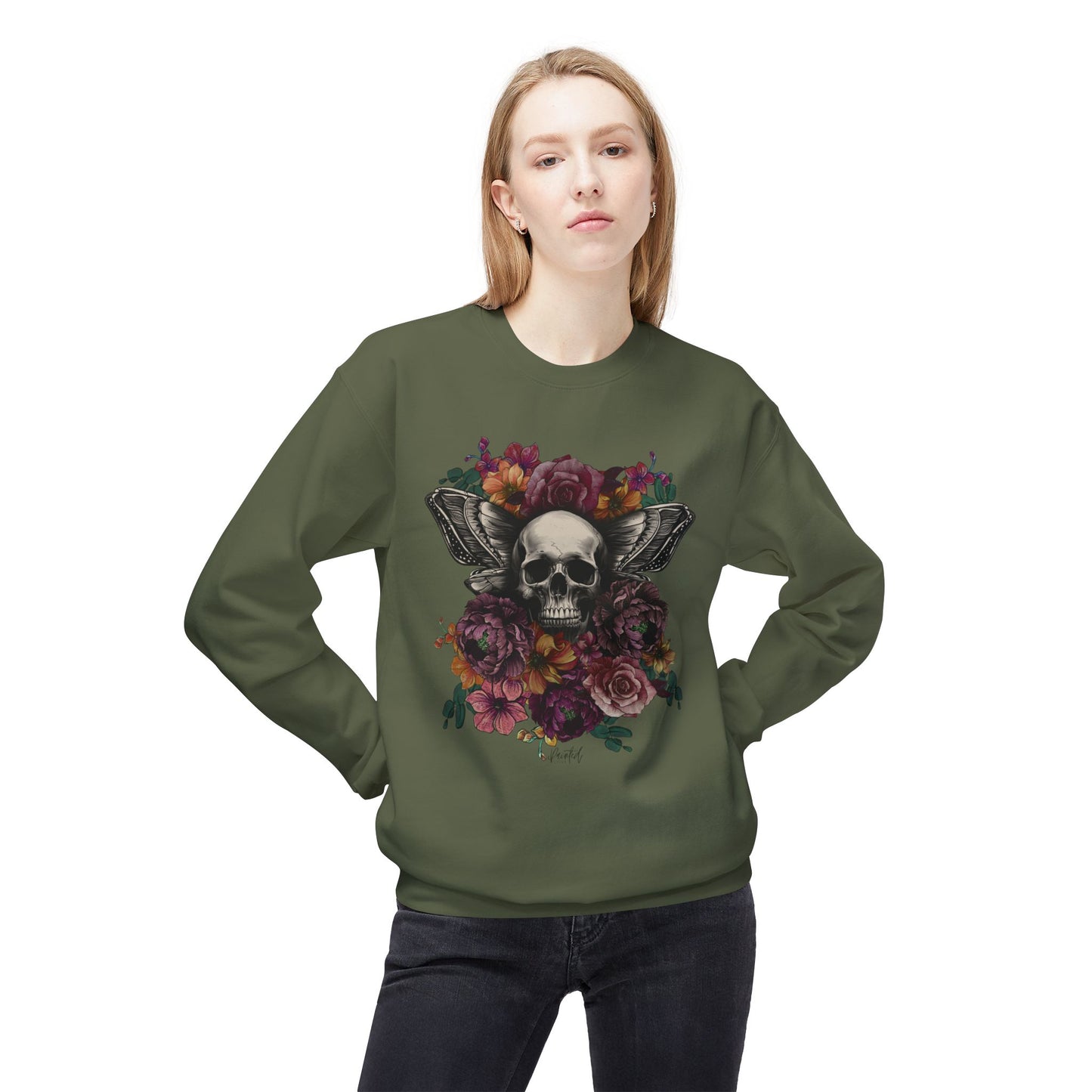 Skull Moth Wings Tattoo Flowers Sweatshirt - Painted Love Customs