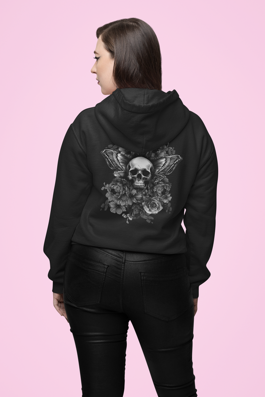 Unisex Hoodie with Skull, Moth Wings, and Tattoo Style Flowers, Painted Love Customs Logo, Greyscale Flowers