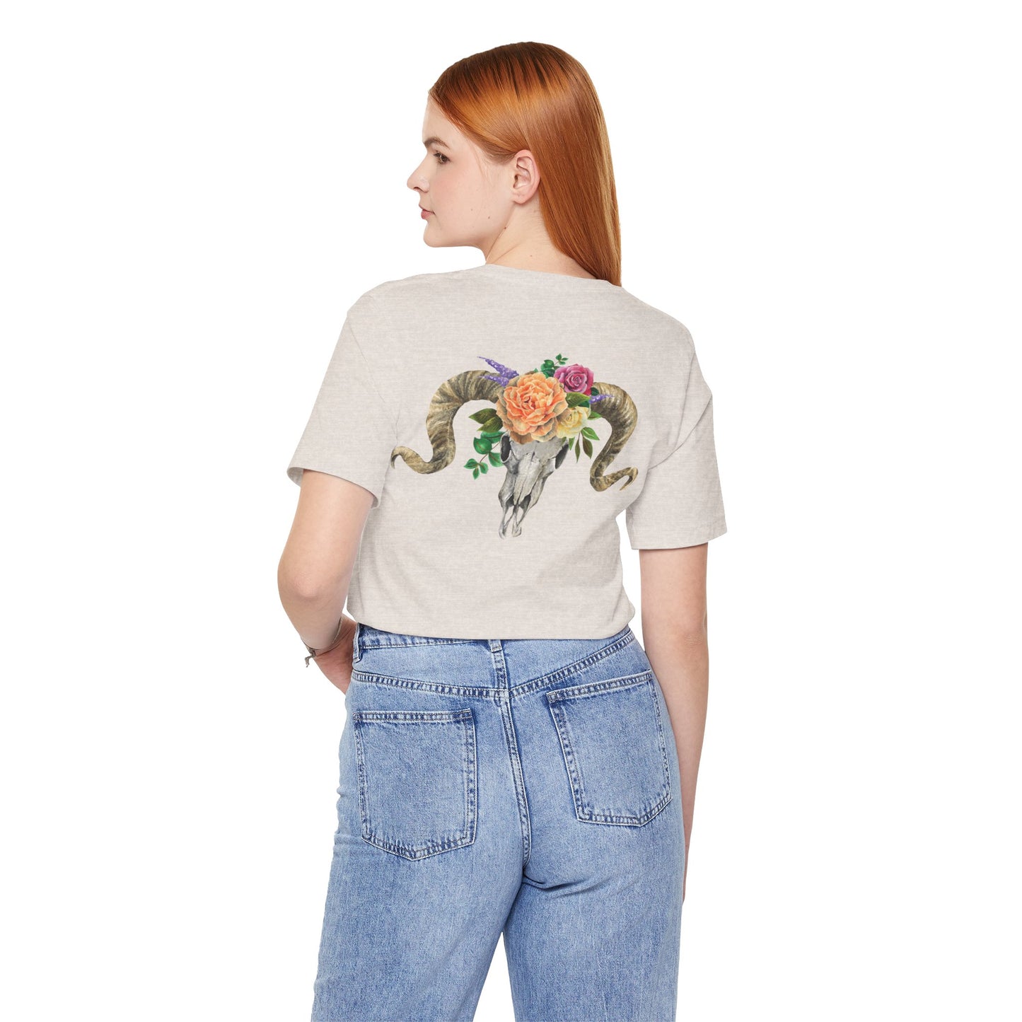 Ram Skull Back Unisex Tee, Peach Flowers