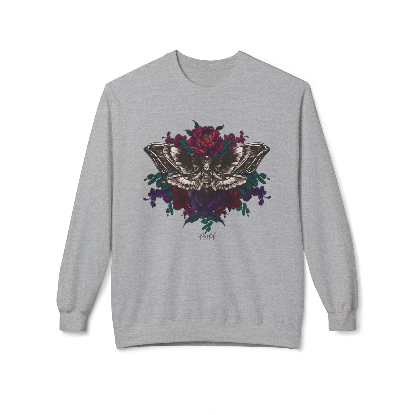 Moth and Flowers Tattoo Sweatshirt, Deep Red and Burgundy Flowers