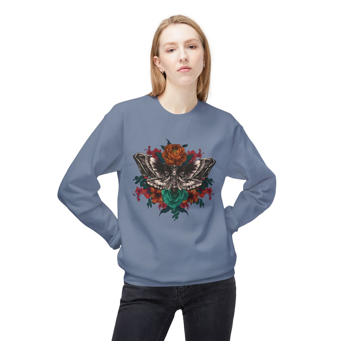 Moth and Flowers Tattoo Sweatshirt, Bright Red and Orange Flowers