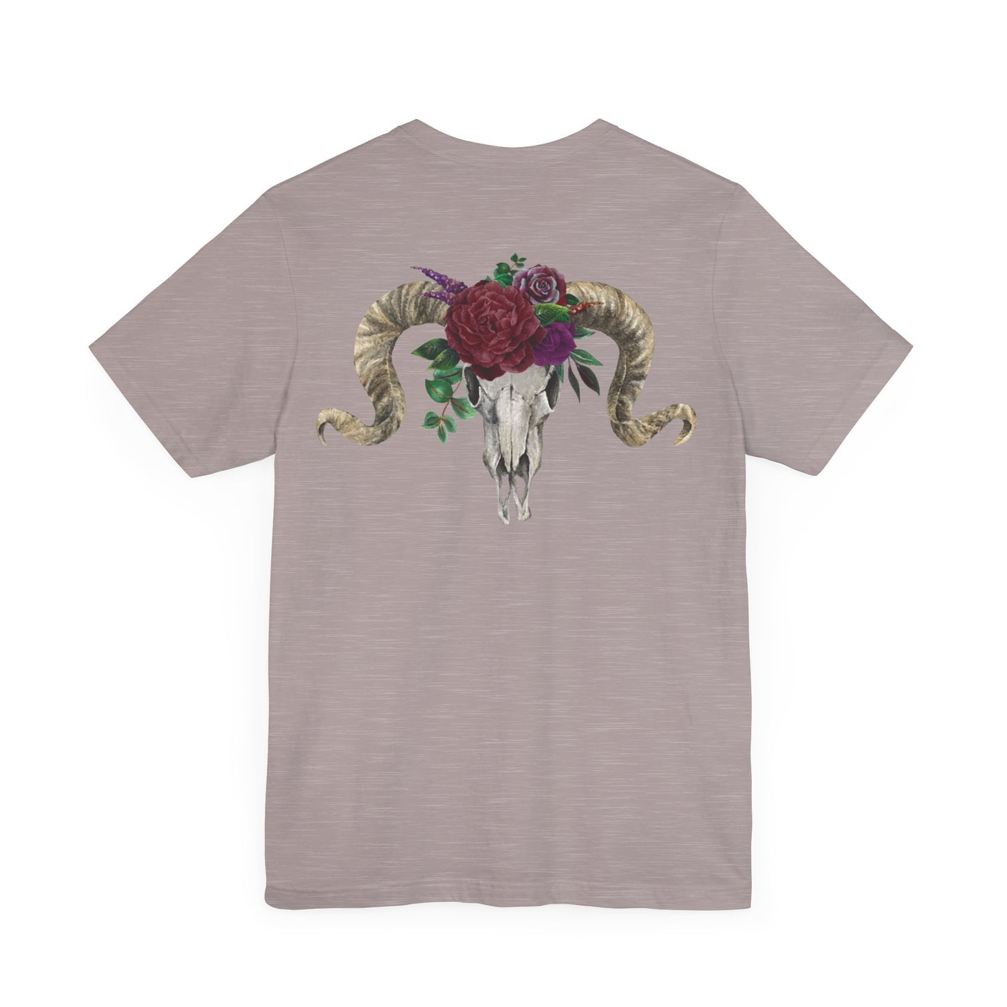 Ram Skull Back Design Unisex Tee, Burgundy Flowers.