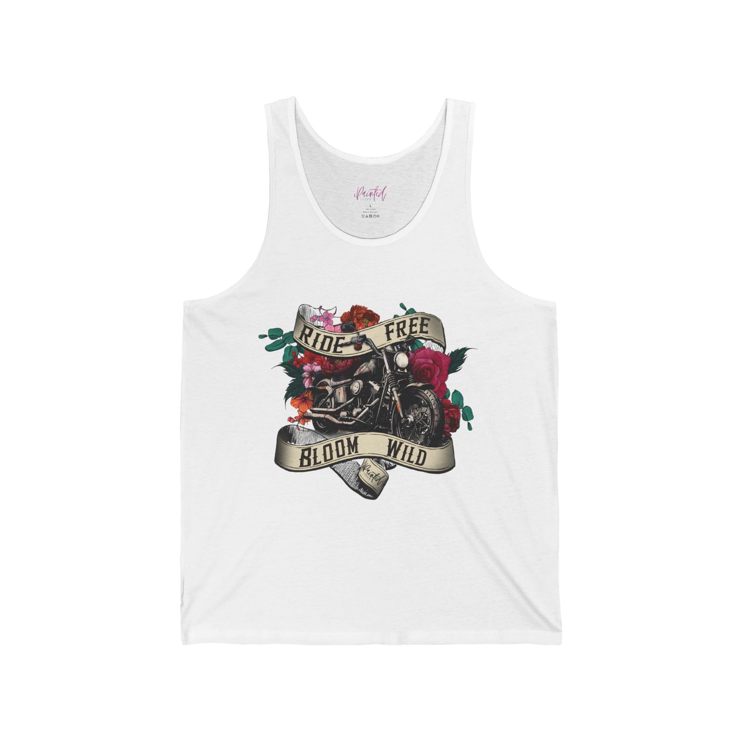 Tank Top with Tattoo Style Motorcycle and Flowers Design