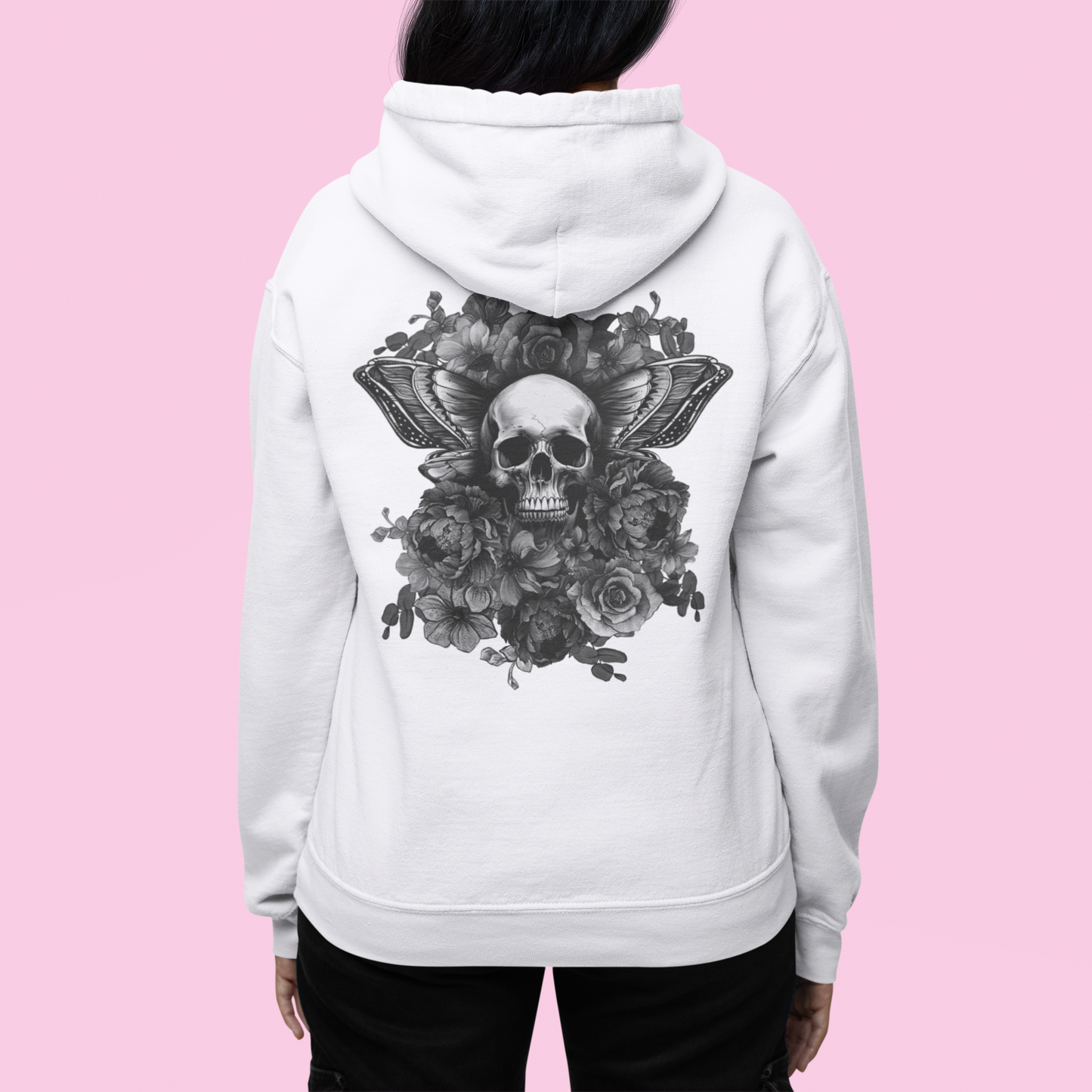 Unisex Hoodie with Skull, Moth Wings, and Tattoo Style Flowers, Painted Love Customs Logo, Greyscale Flowers