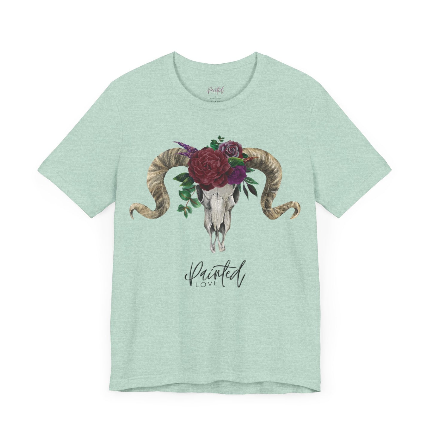 Ram Skull and flowers Unisex Tee, Burgundy Flowers