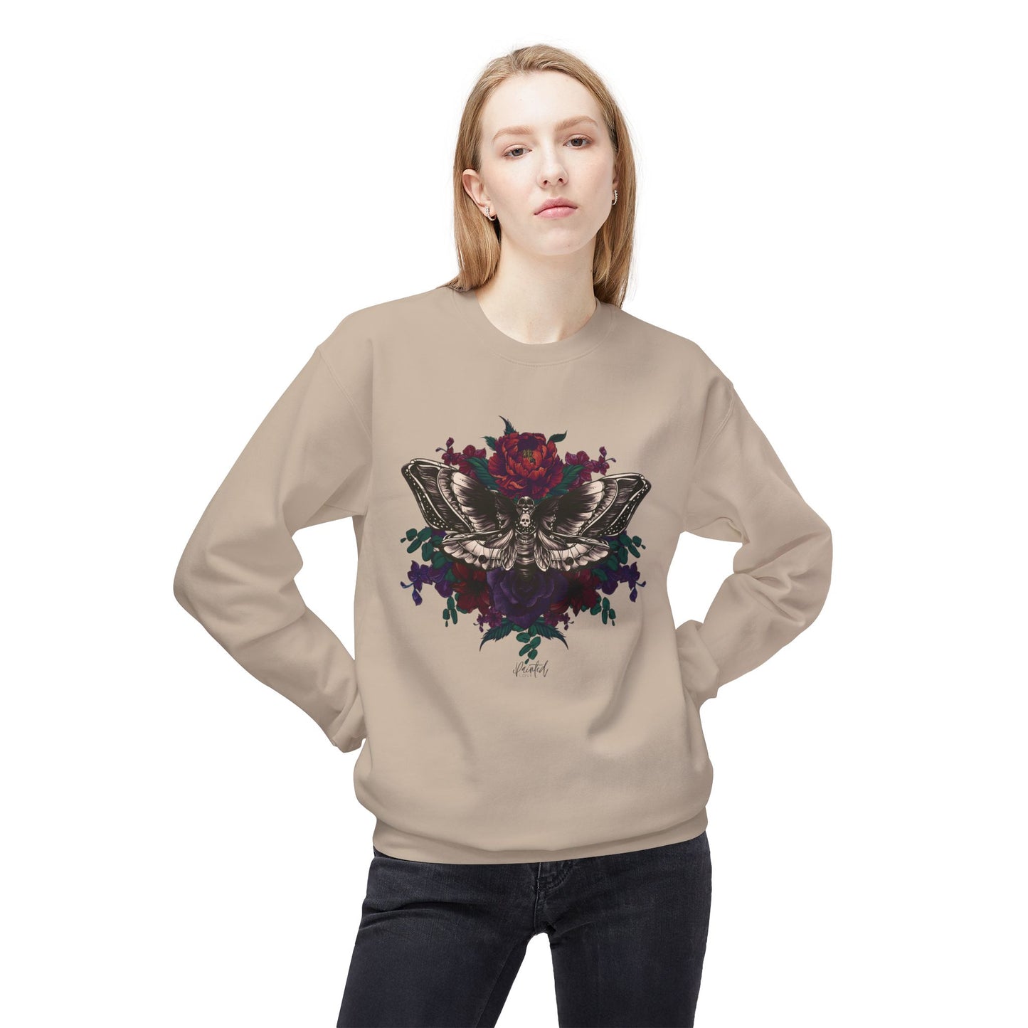 Moth and Flowers Tattoo Sweatshirt, Deep Red and Burgundy Flowers