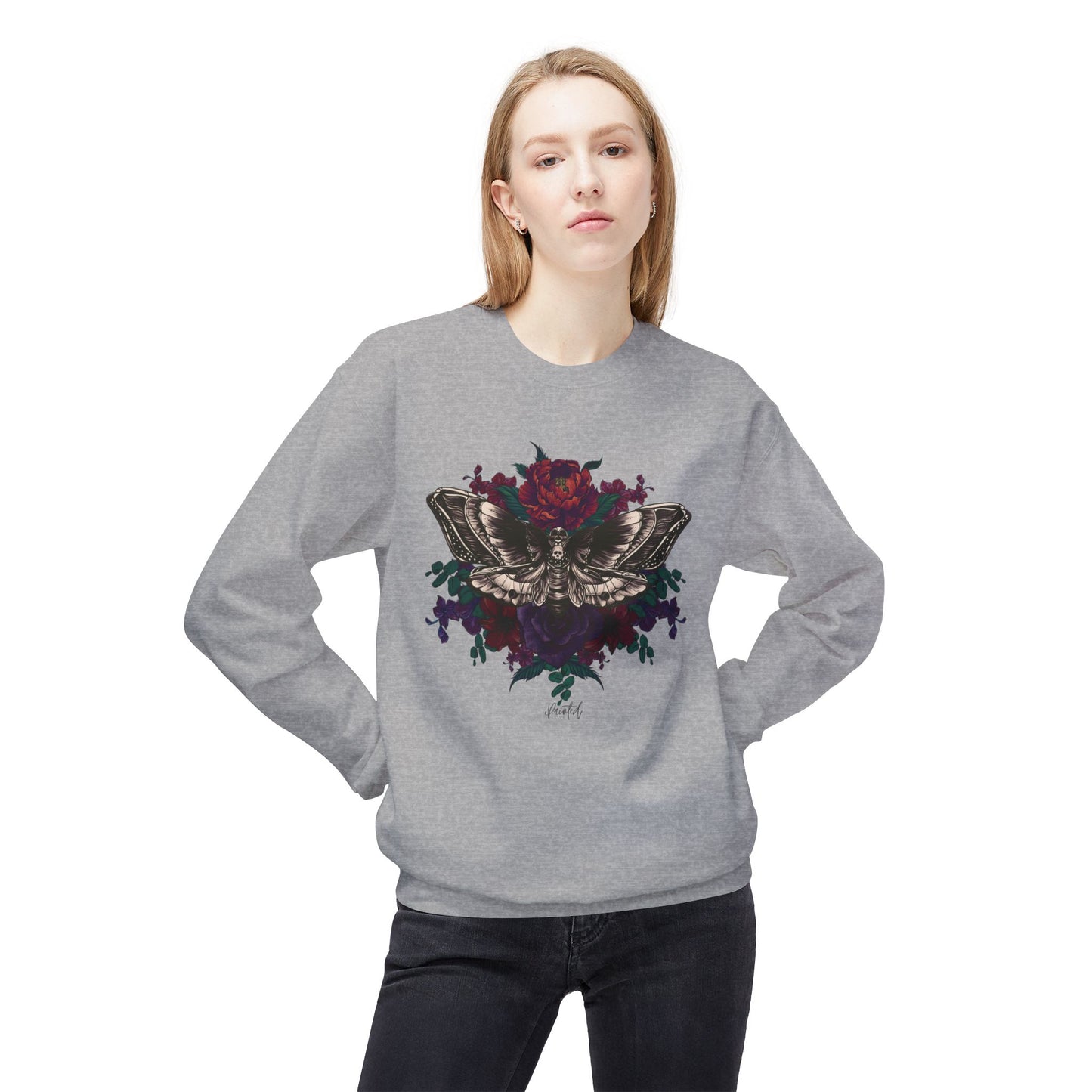 Moth and Flowers Tattoo Sweatshirt, Deep Red and Burgundy Flowers