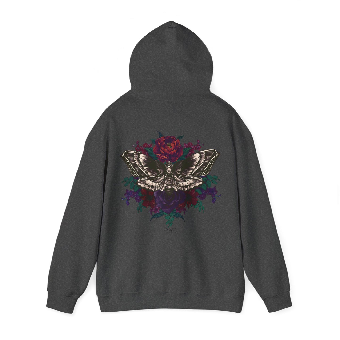 Tattoo Style Deaths Head Moth and Flowers Hoodie, Deep Purple and Burgundy