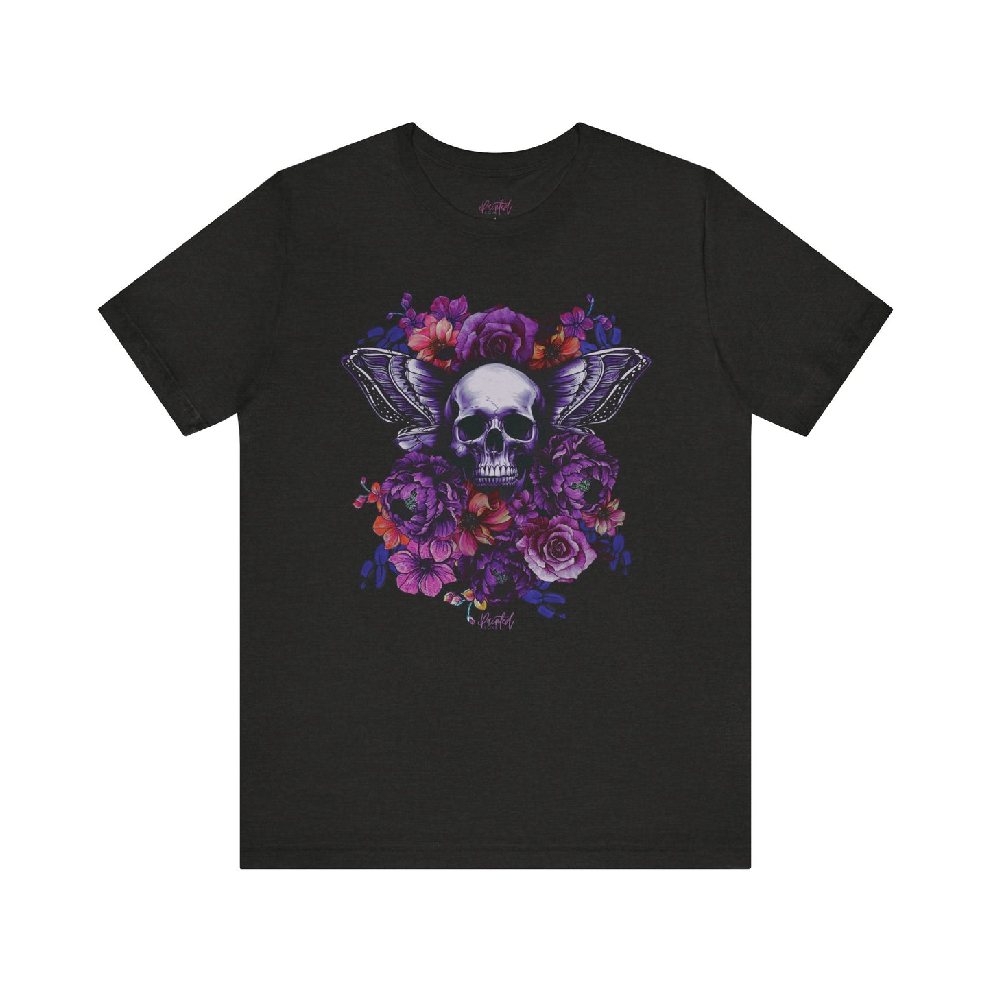 Floral Skull Tattoo Style Tee, Neon flowers