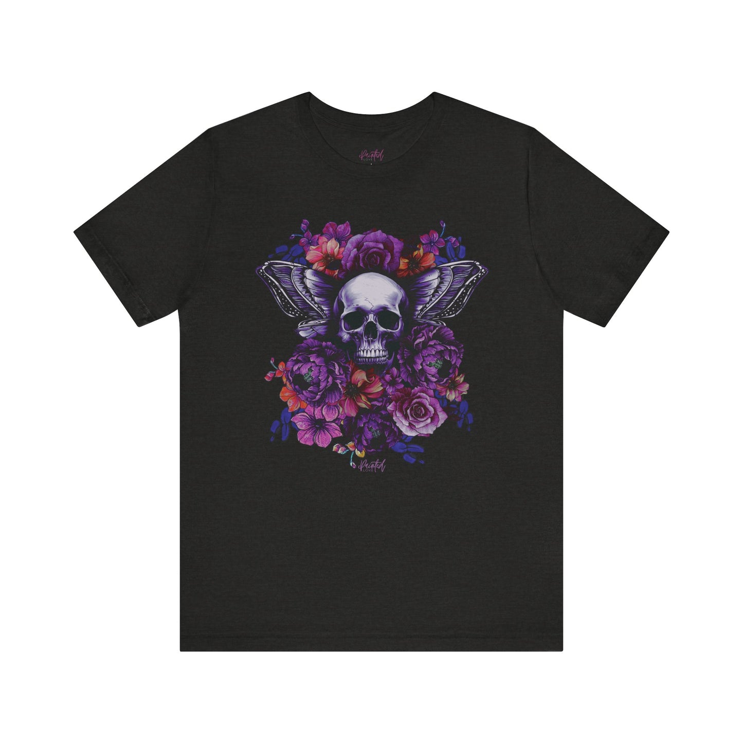 Floral Skull Tattoo Style Tee, Neon flowers