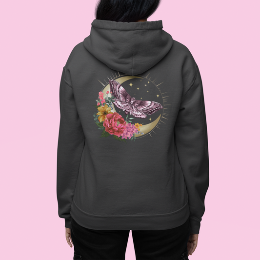 Painted Love Customs Hoodie, Celestial Moth and Flowers