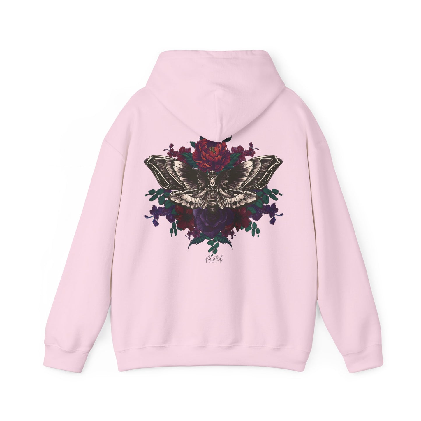 Tattoo Style Deaths Head Moth and Flowers Hoodie, Deep Purple and Burgundy