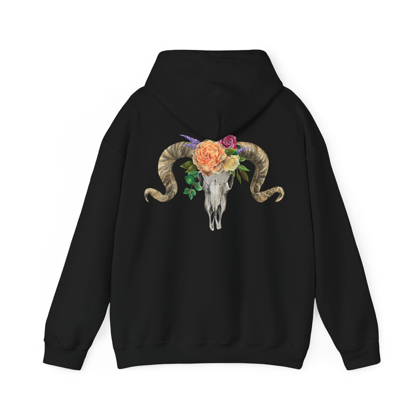 Ram Skull Back Hoodie, Peach Flowers