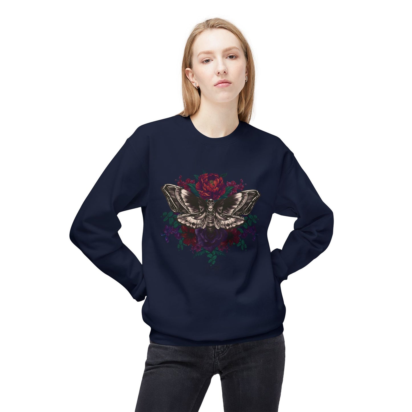 Moth and Flowers Tattoo Sweatshirt, Deep Red and Burgundy Flowers