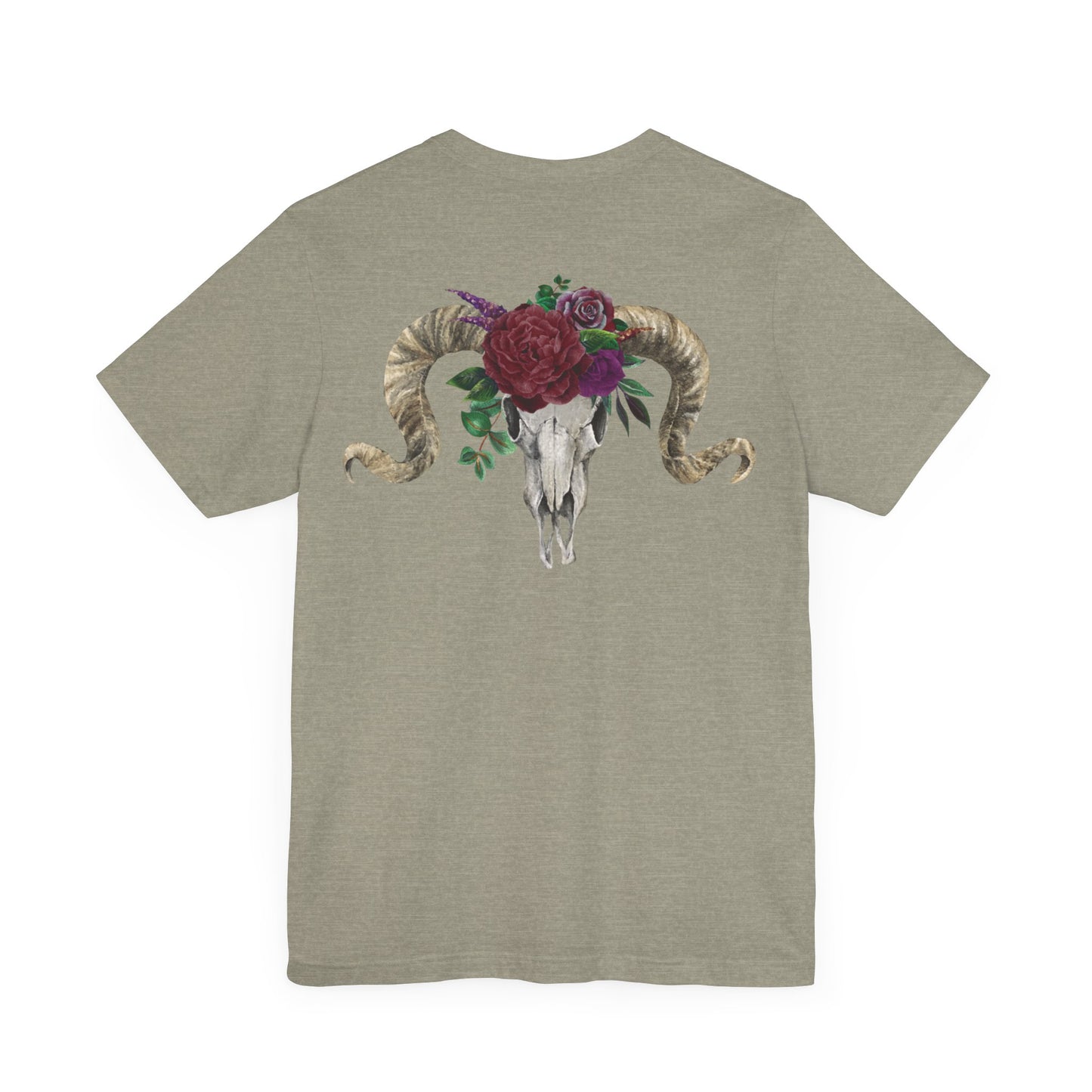 Ram Skull Back Design Unisex Tee, Burgundy Flowers.