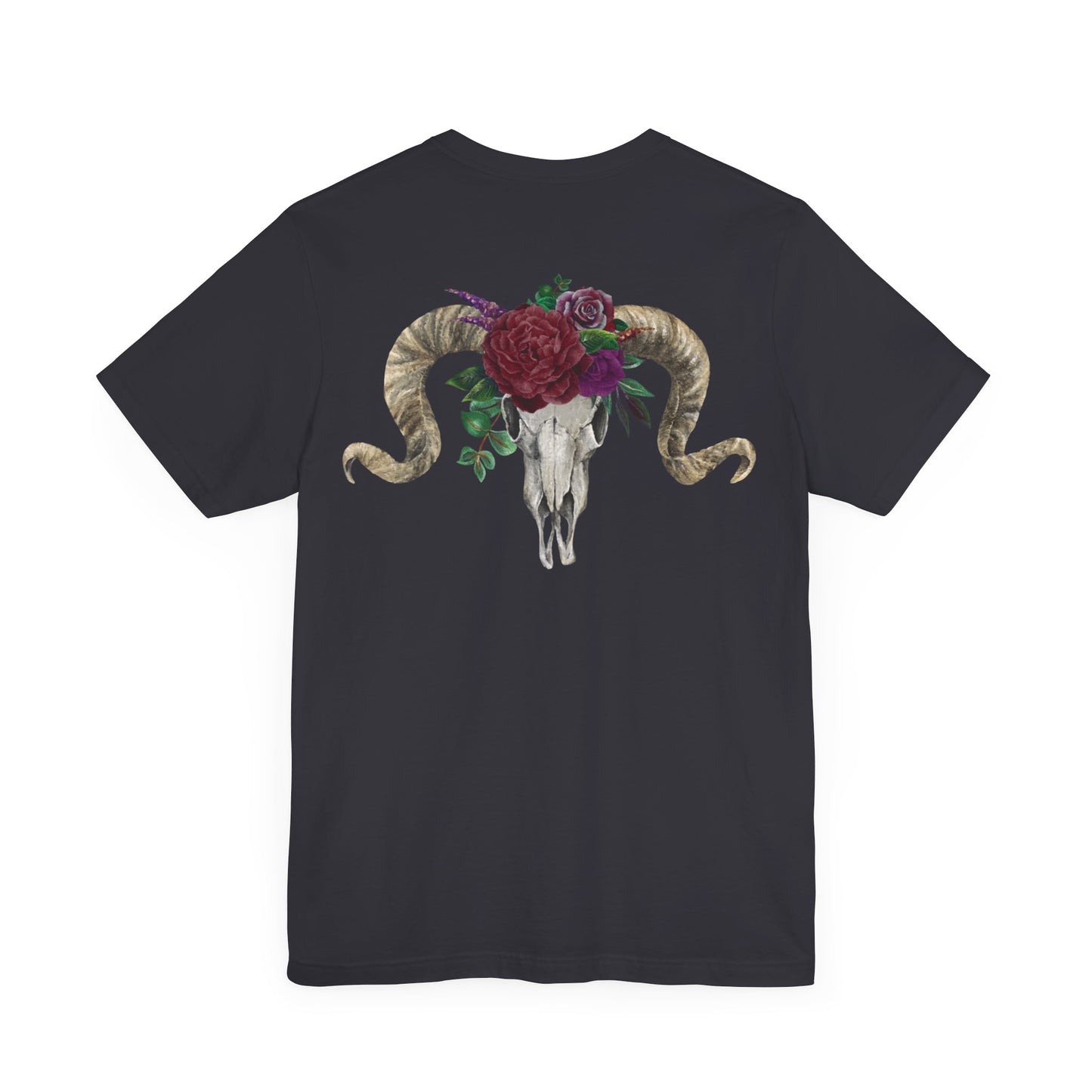 Ram Skull Back Design Unisex Tee, Burgundy Flowers.