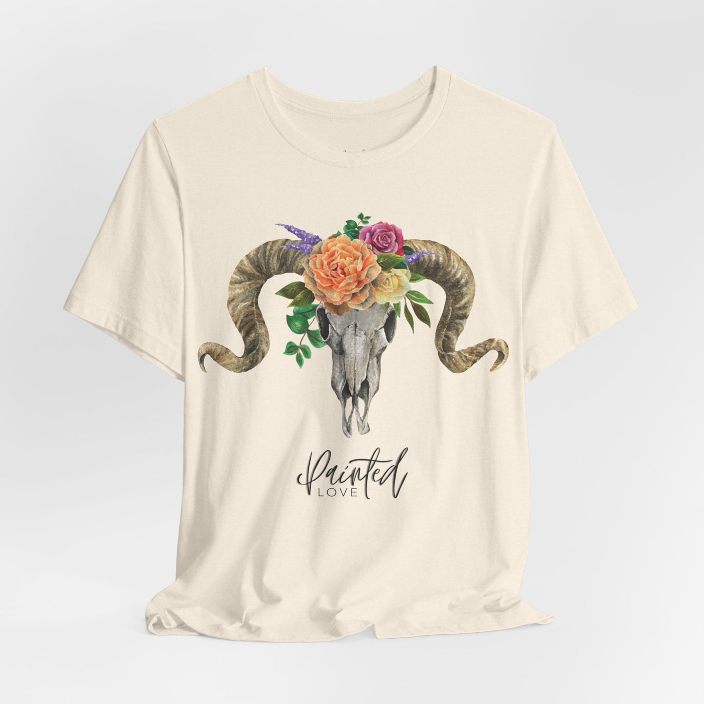 Ram Skull and flowers Unisex Tee, Peach Flowers