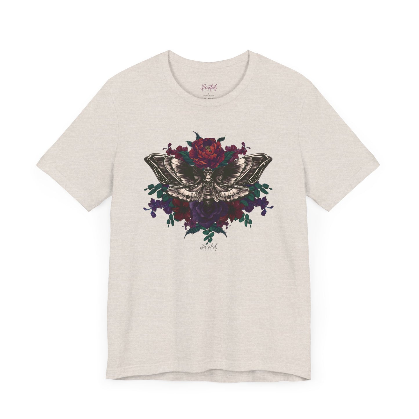 Deaths Head Moth Tattoo Style Floral Tshirt, Burgundy and Red