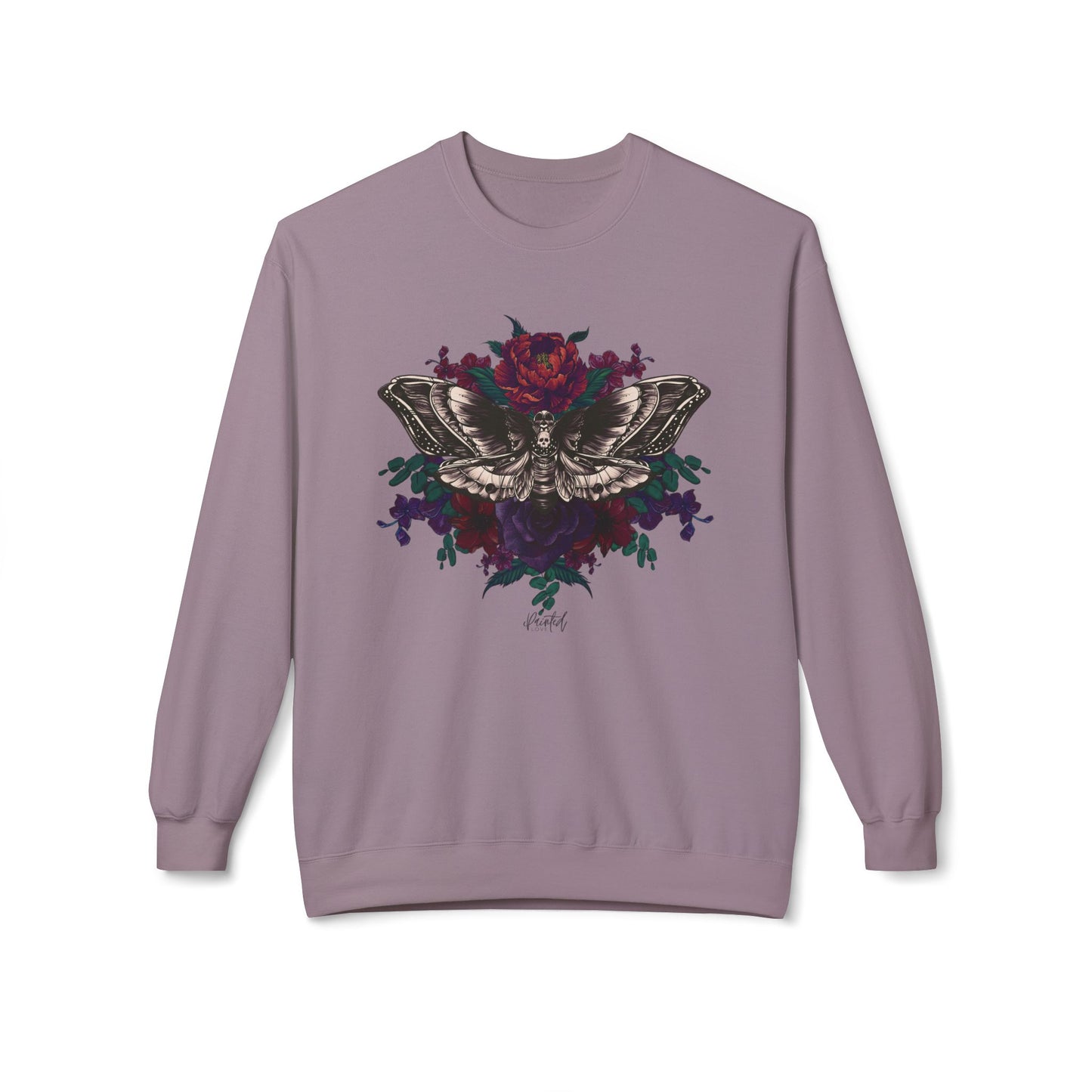 Moth and Flowers Tattoo Sweatshirt, Deep Red and Burgundy Flowers