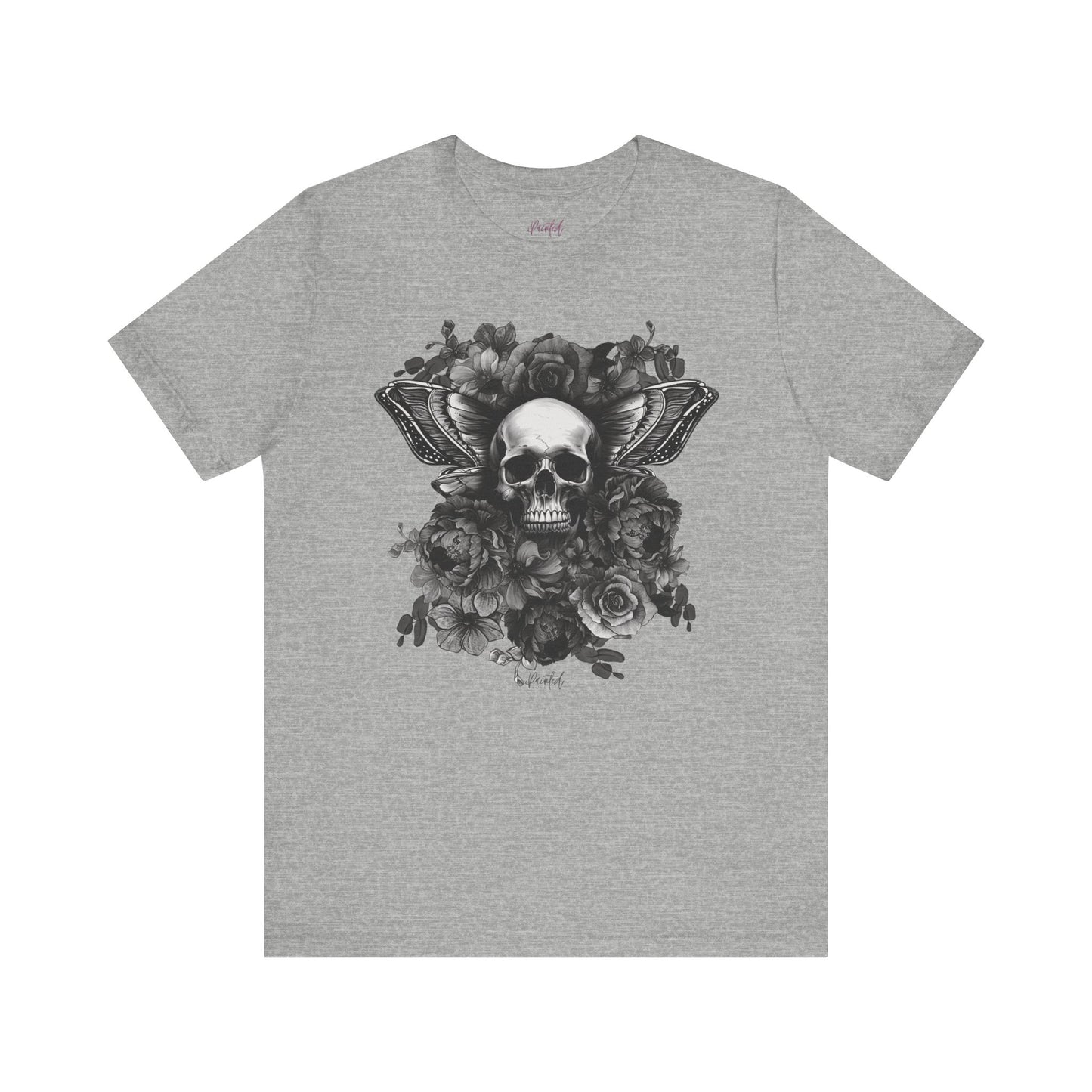 Floral Skull Tattoo Style Tee, Greyscale flowers