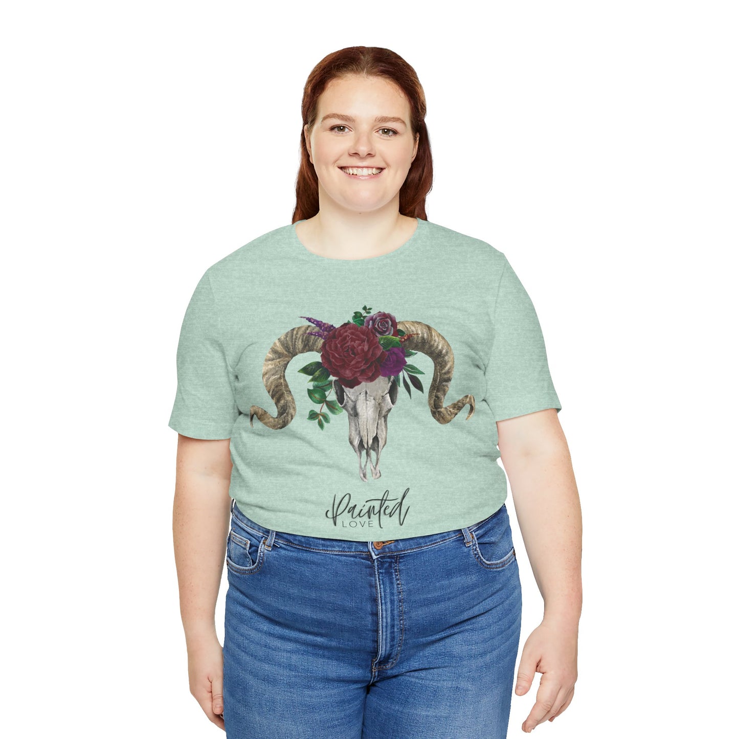 Ram Skull and flowers Unisex Tee, Burgundy Flowers