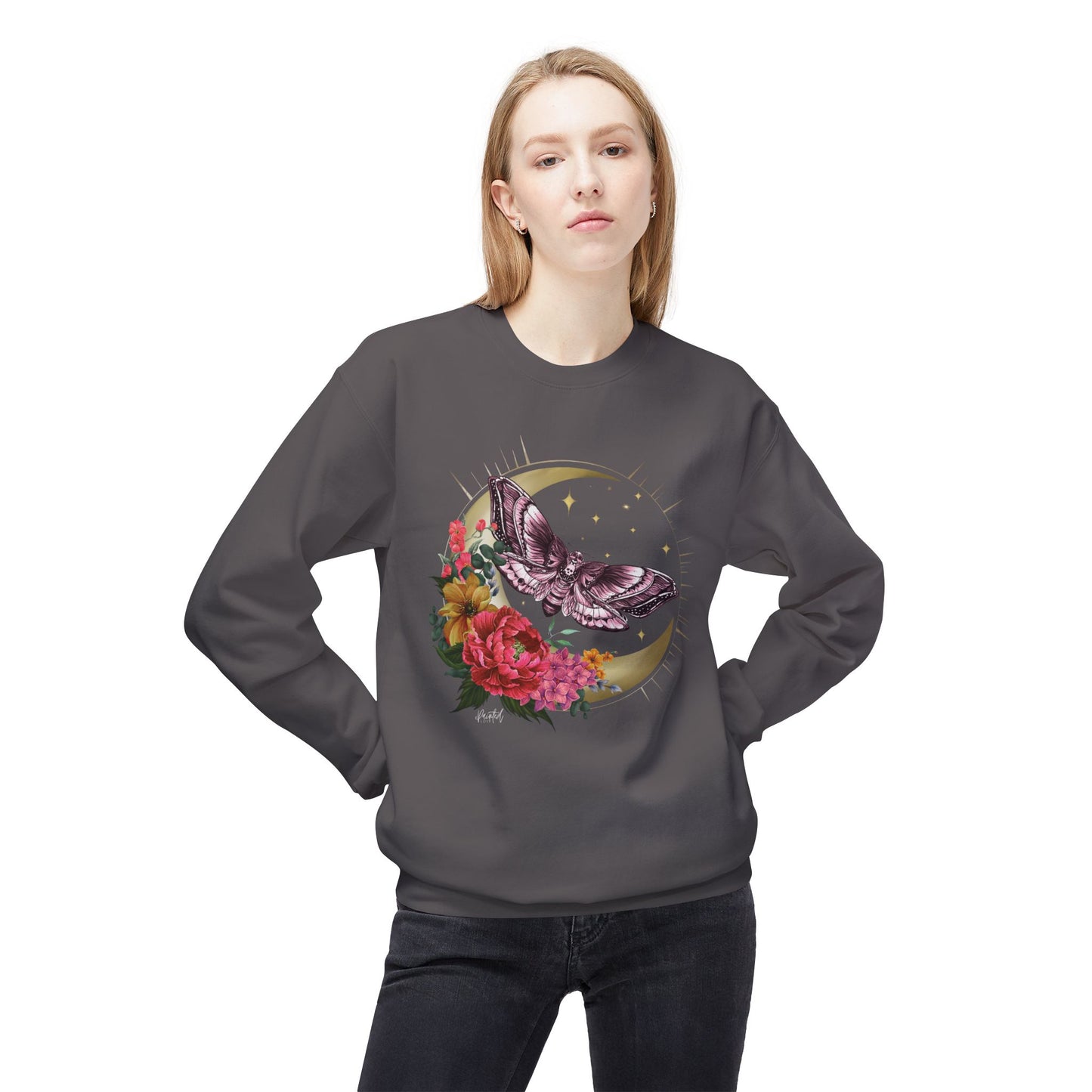 Witchy Vibes Celestial Moth and Flowers Sweatshirt - Painted Love Customs